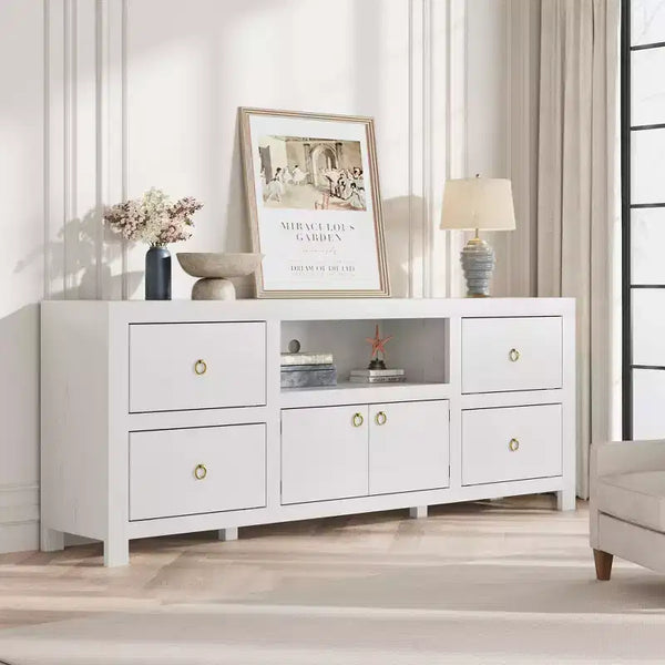 Meuble TV de style rustique avec 6 tiroirs et étagère pour barre de son pour téléviseurs jusqu'à 80 pouces