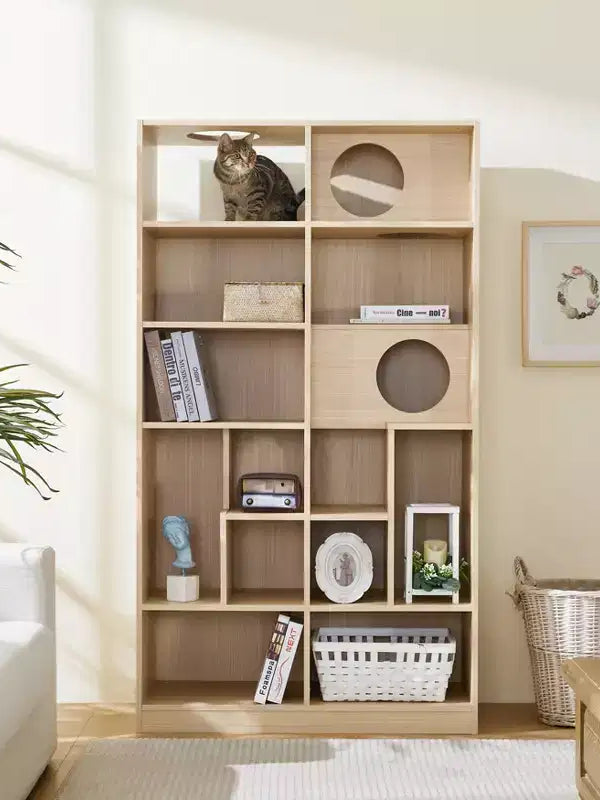 Meuble litière pour chat 2 en 1 avec arbre à chat, étagère à livres et rangement, Naturel