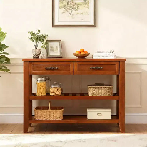 Hostack 42'' Console Table with 2 Storage Drawers and 2 Tiers Shelves for Living and Dining Room, Brown